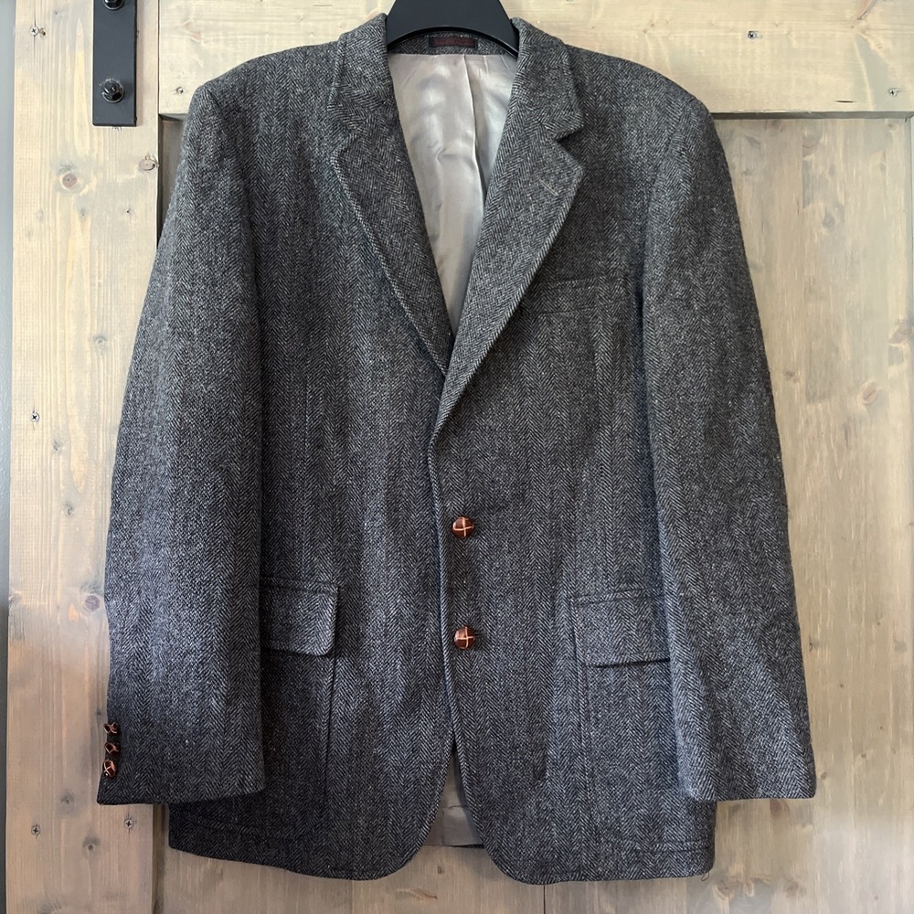 Vintage Tweed Blazer Men's 42S English Manor Gray Herringbone Wool Academia